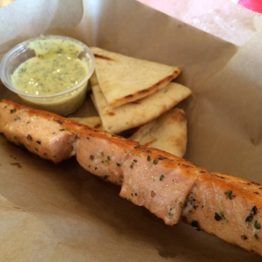 GrillMark - Salmon stick with pita and dipping sauce - Mediterranean Near Me - Albertson, New York GrillMark - Salmon stick with pita and dipping sauce - Mediterranean Near Me - Albertson, New York