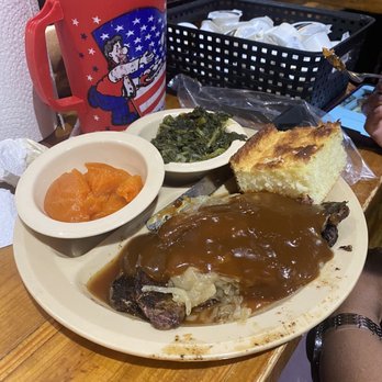 Lamberts Cafe - Liver and onions with corn bread and candy yams with turnip greens - American Near Me - Sikeston, Missouri