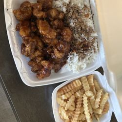 The Jade Bowl - Port St Lucie - Orange chicken, white rice with soy sauce added and french fries