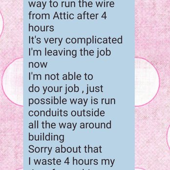 Aria Electric - After 4 hour of drilling holes in my house I get this text. - Electricians Near Me - Orangevale, California Aria Electric - After 4 hour of drilling holes in my house I get this text. - Electricians Near Me - Orangevale, California