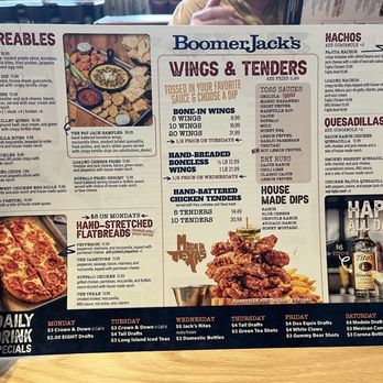 BoomerJack's Grill - Menu-  check out the daily's listed on bottom in black - Sports Bars Near Me - Katy, Texas