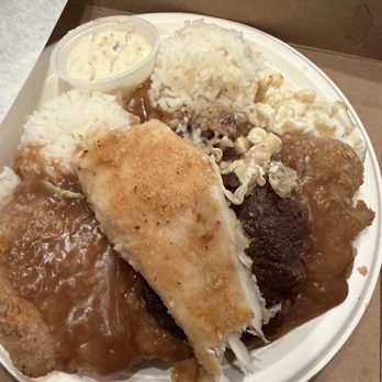 Rainbow Drive-In - Mix Plate (BBQ Beef, Mahi Mahi, and Boneless Chicken) with Gravy - Hawaiian Near Me - Honolulu, Hawaii