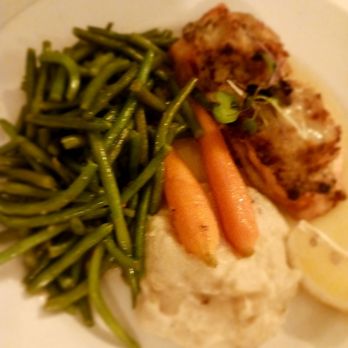 Hudson House River Inn - Hvrw: salmon with crabmeat on top with green beans, carrots and horseradish mashed potatoes - Bed & Breakfast Near Me - Cold Spring, New York