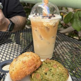 Tiramisu Cream Latte, Pistachio Scone, White Chocolate Matcha Scone Tiramisu Cream Latte, Pistachio Scone, White Chocolate Matcha Scone