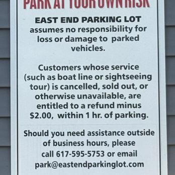 Mcevoy's East End Parking - A sign posted on the back of their building that states any damage (landscapers included) done to your vehicle is not their problem - Parking Near Me - Barnstable, Massachusetts Mcevoy's East End Parking - A sign posted on the back of their building that states any damage (landscapers included) done to your vehicle is not their problem - Parking Near Me - Barnstable, Massachusetts