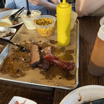 Roegels Barbecue Katy - brisket, pork rib, sausage, corn, cole slaw, mac n cheese (all mostly eaten) - Barbeque Near Me - Katy, Texas Roegels Barbecue Katy - brisket, pork rib, sausage, corn, cole slaw, mac n cheese (all mostly eaten) - Barbeque Near Me - Katy, Texas