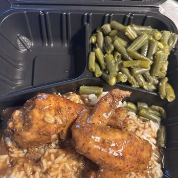 Messi Soul Kitchen - Two pieces of chicken with rice and one side which is the green beans! - Soul Food Near Me - Riverside, California