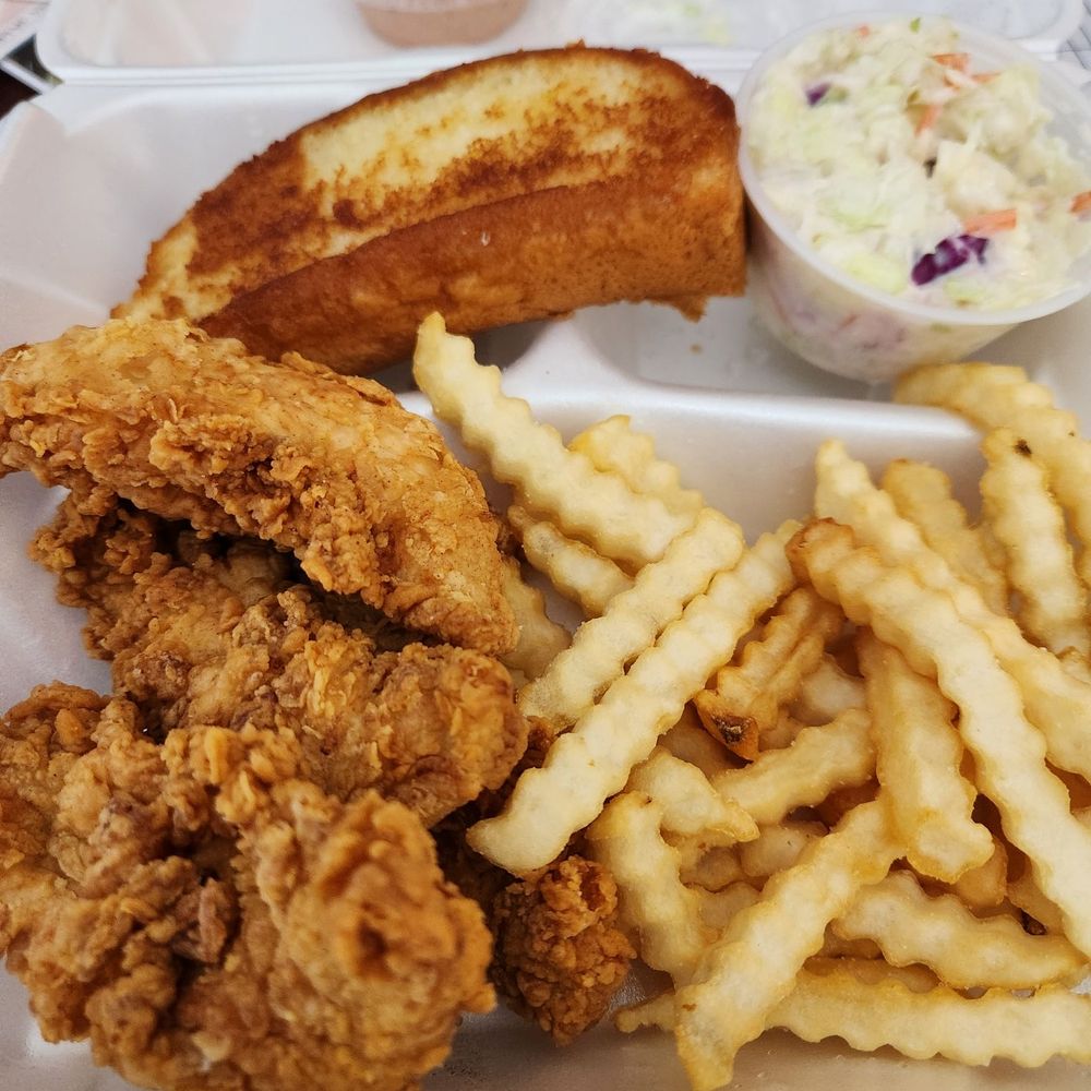 4 pc tenders, fries, cole slaw and bread. 4 pc tenders, fries, cole slaw and bread.