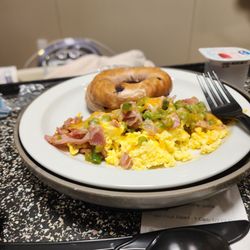 Saint Francis Hospital - I had a lovely scramble with cheese, salsa, and ham,blueberry bagel with cream cheese for my bread with cranberry juice.