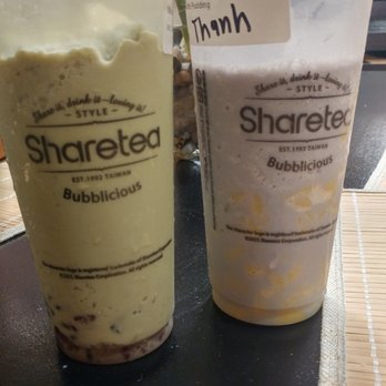 Sharetea - Matcha green tea with ice cream on the left and blended taro milk tea with pudding on the right - Coffee & Tea Near Me - San Diego, California Sharetea - Matcha green tea with ice cream on the left and blended taro milk tea with pudding on the right - Coffee & Tea Near Me - San Diego, California