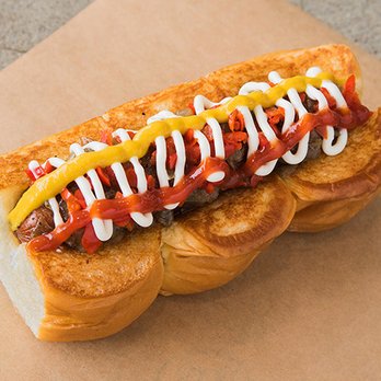 Dog Haus - DOWNTOWN - smoked bacon wrapped dog, caramelized onions, pickled peppers, mayo, mustard, ketchup - Burgers Near Me - Burbank, California Dog Haus - DOWNTOWN - smoked bacon wrapped dog, caramelized onions, pickled peppers, mayo, mustard, ketchup - Burgers Near Me - Burbank, California