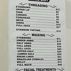 Price list as of July 2026. $12 eyebrow threading