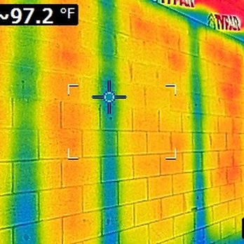 Able Home Inspections - Infrared view of a block wall, blue areas are where the cells were filled with concrete. - Home Inspectors Near Me