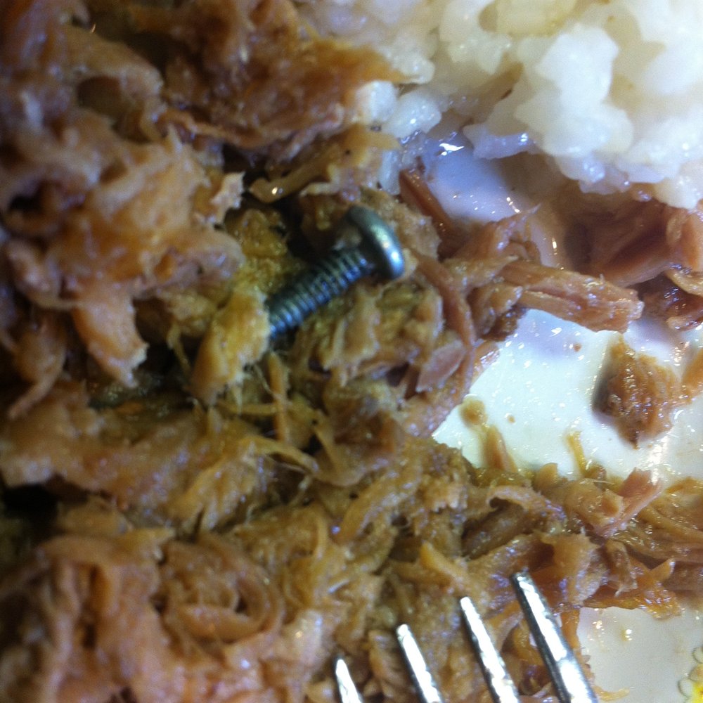 Hula Hands Restaurant - Pictured is the same METAL SCREW in the Kalua Pig at the Hula Hands Restaurant on FIreweed Lane - Hawaiian Near Me - Anchorage, Alaska Hula Hands Restaurant - Pictured is the same METAL SCREW in the Kalua Pig at the Hula Hands Restaurant on FIreweed Lane - Hawaiian Near Me - Anchorage, Alaska