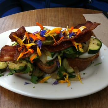 Farm : Table - Baguette with hardboiled eggs, bacon, zucchini, onion and flowers - Coffee & Tea Near Me - San Francisco, California