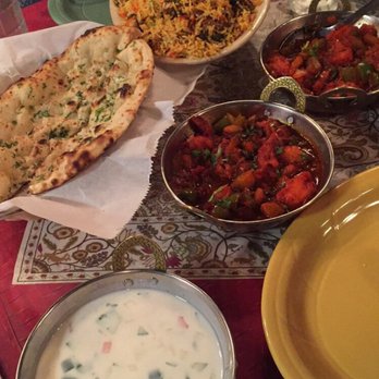 Curry Hut - Lamb biryani and raita, garlic naan, chili shrimp - Indian Near Me - Augusta, Georgia