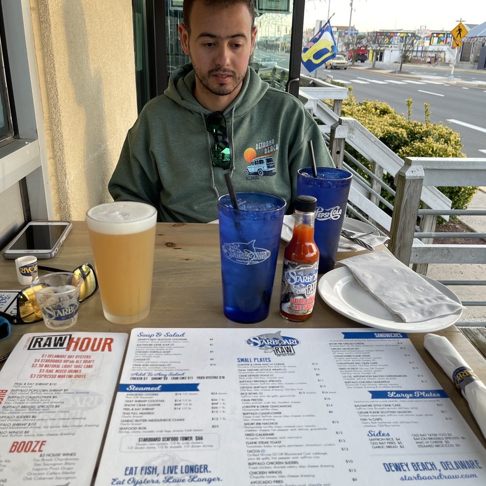 Starboard Raw - a man sitting at a table with a beer and menu - American Near Me - Dewey Beach, Delaware Starboard Raw - a man sitting at a table with a beer and menu - American Near Me - Dewey Beach, Delaware