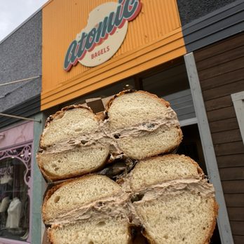 Atomic Bagel - Hatch Cheddar with porcini sea salt cream cheese. - Bagels Near Me - Port Angeles, Washington Atomic Bagel - Hatch Cheddar with porcini sea salt cream cheese. - Bagels Near Me - Port Angeles, Washington