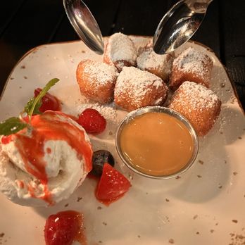 Latitude 34 - Beignets with Carmel sauce and cherry gelato - New American Near Me - Camarillo, California Latitude 34 - Beignets with Carmel sauce and cherry gelato - New American Near Me - Camarillo, California