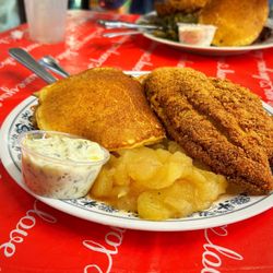 Big Al's Deli - Fried Catfish and tarter sauce, Apples, Okra Rice, Hot Cake.
