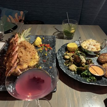 Hook & Barrel - Pineapple Shrimp Fried Rice and Crab Cakes with crab Mac and cheese and brussel sprouts - Seafood Near Me - Myrtle Beach, South Carolina