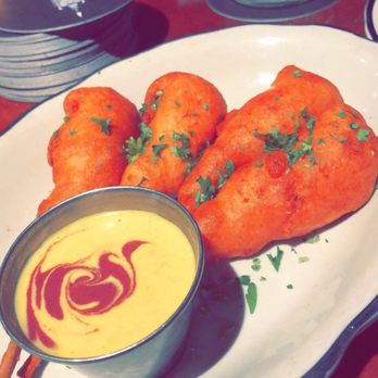 Moonshine Grill - Corndog shrimp and honey mustard with blueberry swirl. One of my Moonshine favorites. - Southern Near Me - Austin, Texas