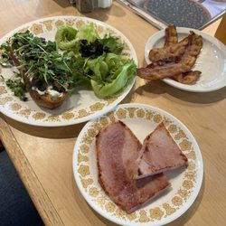 Paige's Place - Ricotta Mushroom Tartine with a side of ham & bacon.