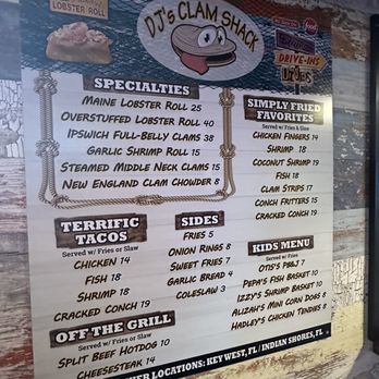DJ's Clam Shack - Menu- walk up and order and they bring to you. I side and outside dining. Nice vibe. - Seafood Near Me - St. Augustine, Florida