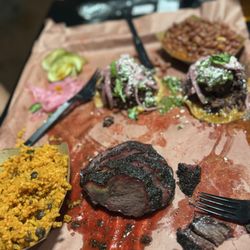 Palmira Barbecue - Beef cheek, arroz con gandules, habichuelas, and brisket tacos.