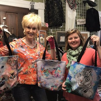 Butterfly & Moon - Artist Joan Marie shows off new tote bags featuring her original art, with Gayle Gallagher of Elephant Spirit designs - Women's Clothing Near Me - Saint Charles, Missouri Butterfly & Moon - Artist Joan Marie shows off new tote bags featuring her original art, with Gayle Gallagher of Elephant Spirit designs - Women's Clothing Near Me - Saint Charles, Missouri