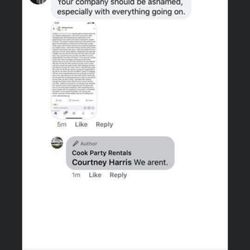 Cook Party Rentals - a company's disgusting response!