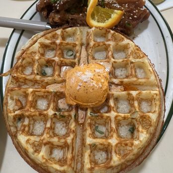 Agnes and Sherman - Scallion pancake/waffle with fried orange chicken (boneless chicken thighs) - Diners Near Me - Houston, Texas