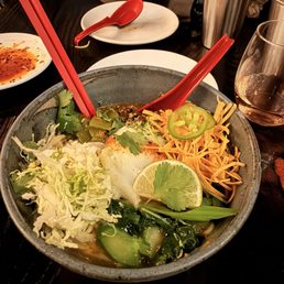 Green chile Ramen - so good! Be sure to get the good stuff in the bottom!