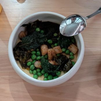 Firstborn - Steamed Custard with roast scallops, English peas and sea lettuce vinaigrette - Chinese Near Me - Los Angeles, California