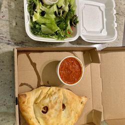 House salad + calzone with pepperoni, broccoli, sun dried tomatoes, and roasted red peppers