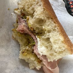Classic focaccia sandwich with burrata cheese, pistachio crème, etc.