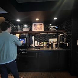A beverage station by the café for guests