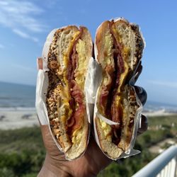 Cafe de Paris - Bacon egg and cheese on everything bagel