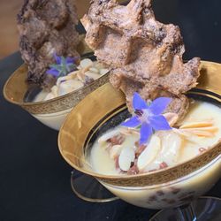 Juice By J - Vegan Vanilla Custard: Mung Bean Cocoa Nibs Waffle, Almonds, Coconut, Borage Flower