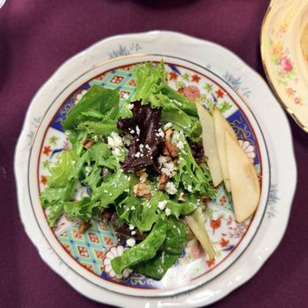Novel Tea - Pear pecan salad with gold flecs, feta and champagne dressing. - Tea Rooms Near Me - Stockton, California Novel Tea - Pear pecan salad with gold flecs, feta and champagne dressing. - Tea Rooms Near Me - Stockton, California