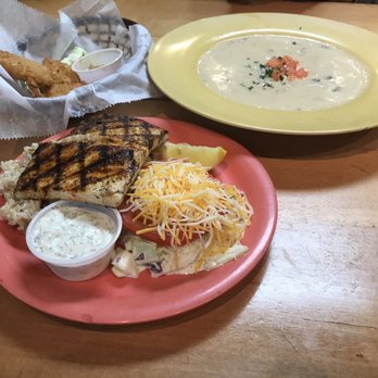 Coconuts Fish Cafe - Grilled Mahi-Mahi with brown rice and a salad along with a huge bowl of clam chowder and coconut shrimp! So good!! - Seafood Near Me - Kihei, Hawaii Coconuts Fish Cafe - Grilled Mahi-Mahi with brown rice and a salad along with a huge bowl of clam chowder and coconut shrimp! So good!! - Seafood Near Me - Kihei, Hawaii