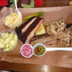 Navarro's Smokehouse - 3 meat(ribs, pulled pork, and brisket) Mac and cheese and potato salad