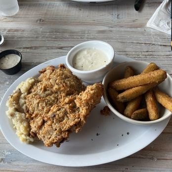 Southern Dough Baking Company - Country fried steak and mash potato with a side of zucchini sticks!! Yummm - American Near Me - Katy, Texas Southern Dough Baking Company - Country fried steak and mash potato with a side of zucchini sticks!! Yummm - American Near Me - Katy, Texas