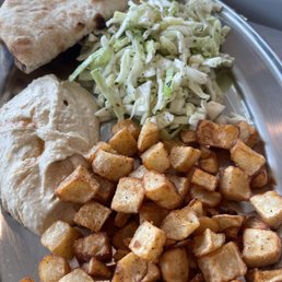 Cabbage salad potatoes and hummus