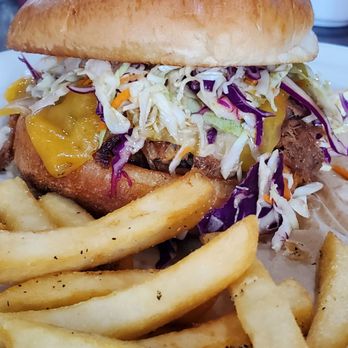 Menehune Coffee Company - Delicious Holo Holo sandwich. Think: smoked pulled pork sandwich, Hawaiian style. Amazing brioche bun too - Coffee & Tea Near Me - Captain Cook, Hawaii
