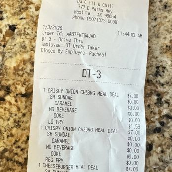 Dairy Queen Grill & Chill - Here on the receipt you can see we ordered 1 large fry and 2 crispy onion burgers and a regular burger but the order was not correct. - Fast Food Near Me - Wasilla, Alaska