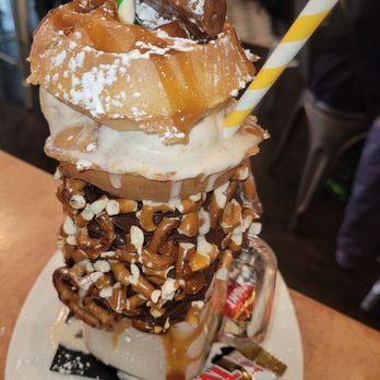 Brownstone Pancake Factory - Crazy Milkshake (Mini Waffles, Pretzels, & Twix - Breakfast & Brunch Near Me - Edgewater, New Jersey