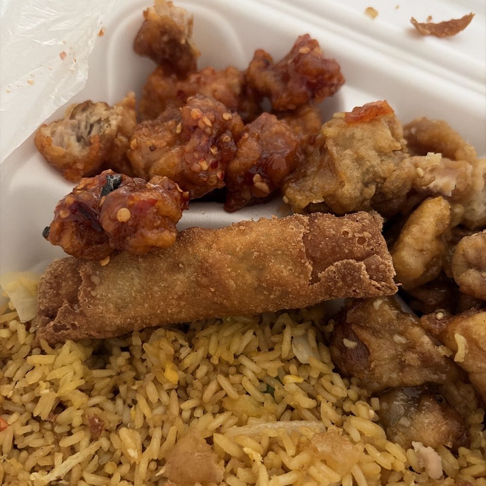General Tso, Orange Chicken , " fried rice" with a Spring Roll.
