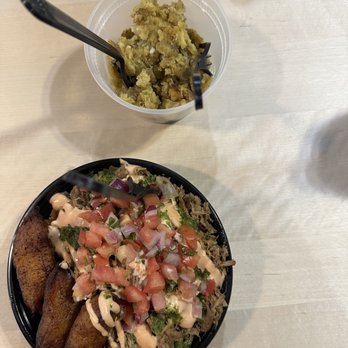 MofonGo - Pernil rice bowl and side of Mofongo - Puerto Rican Near Me - New Haven, Connecticut