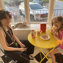 Brody's Candy Corner & Sundae Shop - Strawberry cheesecake and vanilla cone